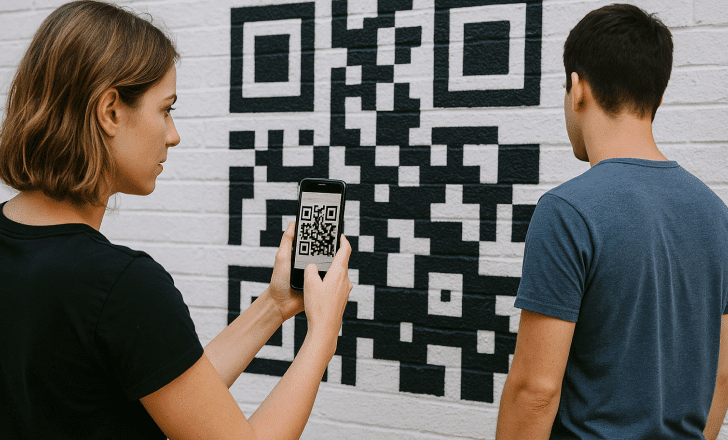 Woman scanning a large painted QR code on a white brick wall while a man stands nearby, both focused on the code.