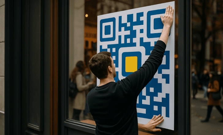 Worker applying a large blue-and-white QR code with a yellow center to a storefront window, with pedestrians and city reflections visible.