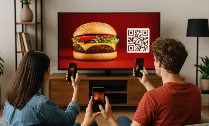 Young adults watching a burger commercial on TV with a QR code displayed for scanning.