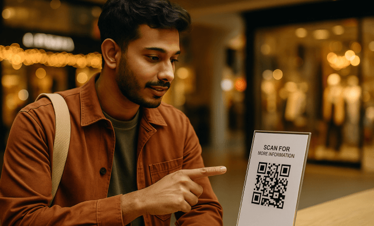 Young man in a shopping mall pointing at a QR code sign for product information.