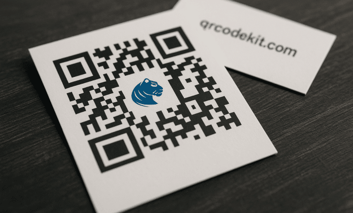 Printed QR code with a blue tiger logo in the center, placed on a dark wooden surface alongside a small white card.