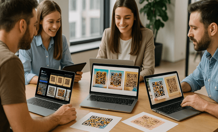 A creative team collaborates in an office while laptops and a tablet display AI-generated artistic QR codes on their screens, with a few printed QR designs on the table.