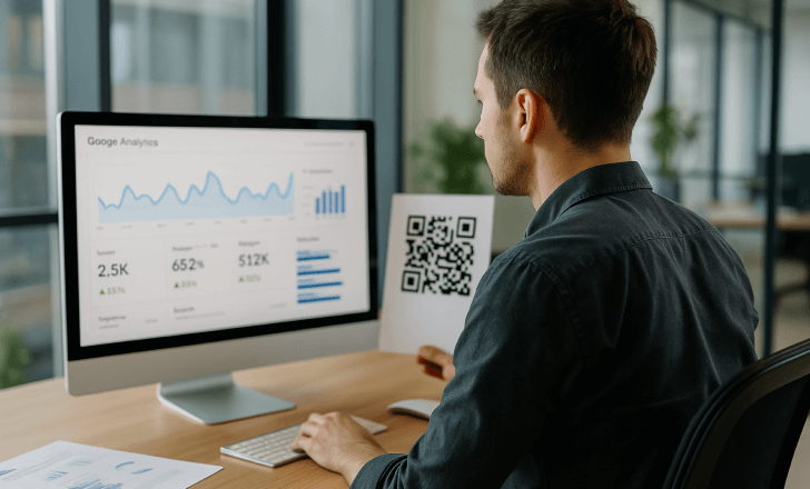 A man analyzing Google Analytics charts on a desktop monitor while holding a printed QR code in a modern office
