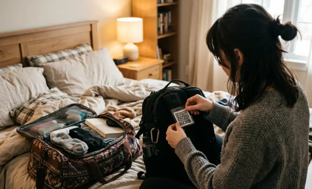 QR codes on baggage tags for safer, smarter travel 1 A person attaching a printed QR code tag to a backpack while packing at home.
