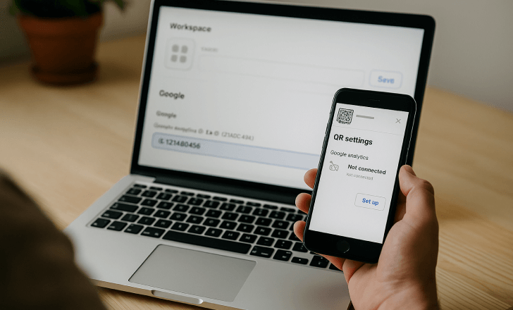 A person holding a smartphone showing QR settings not connected, while a laptop screen displays Google Analytics setup in QRCodeKIT.