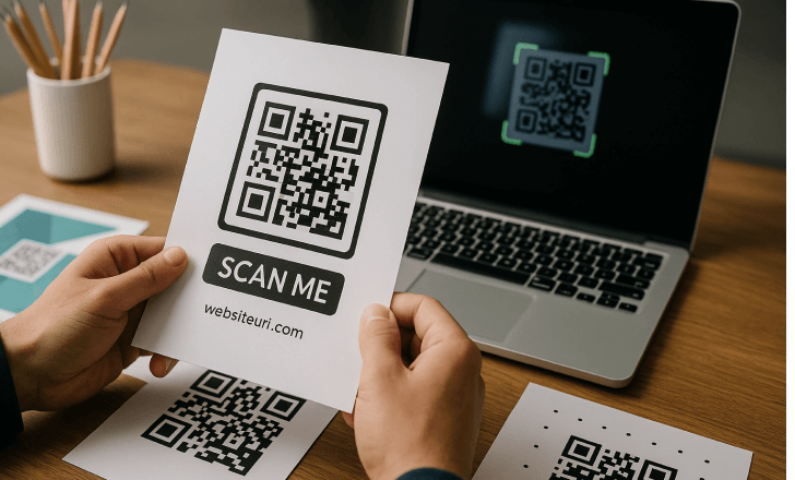 A person holds a flyer with a large QR Code while additional flyers and a laptop displaying a scanning interface are visible on the desk.