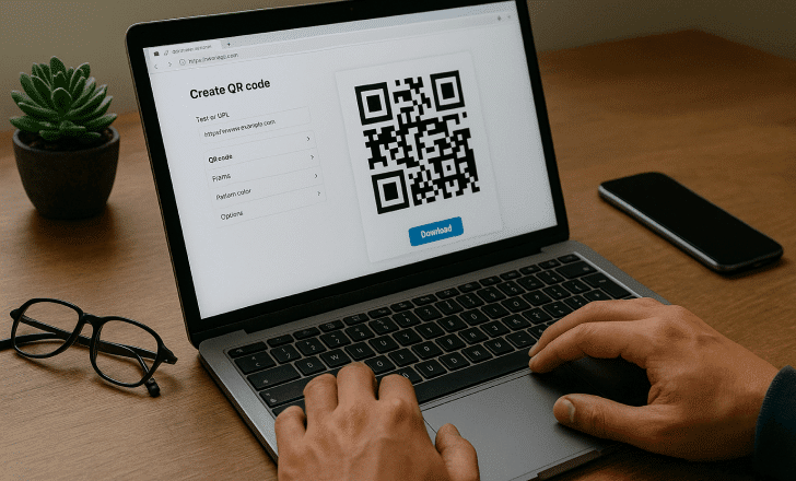 A person uses a laptop with a QR Code generator open on the screen, showing customization options and a QR Code ready for download.