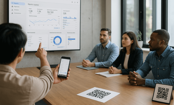 A team in a modern office reviews Google Analytics charts on a large wall screen while QR codes are visible on the table