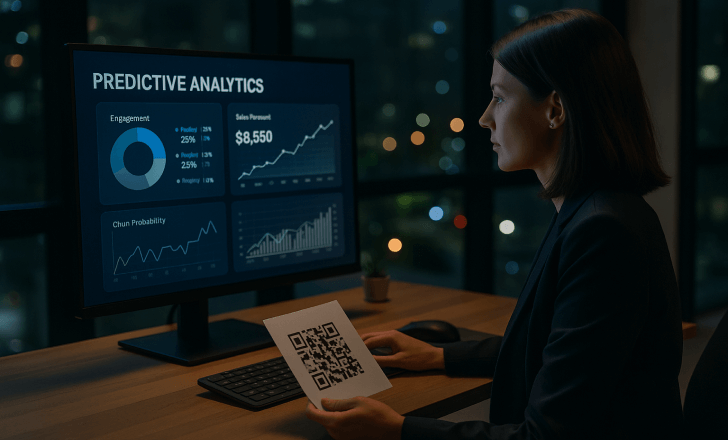 A woman in a modern office at night studies predictive analytics dashboards on her monitor while holding a QR code flyer