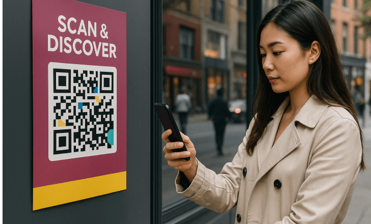 A woman scans a QR Code on a magenta marketing poster while walking along a city street lined with modern storefronts.