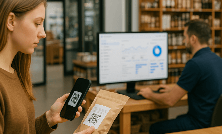 A woman scans a QR code on product packaging in a retail store while an employee reviews Google Analytics data on a computer.
