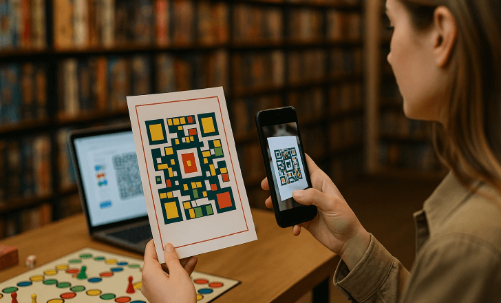 A woman scans a colorful QR Code designed like a board game pattern inside a board game store with shelves full of games in the background.