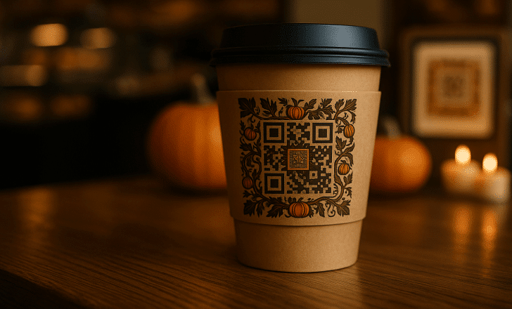 Branded QR Code printed on a coffee cup sleeve in a café setting.