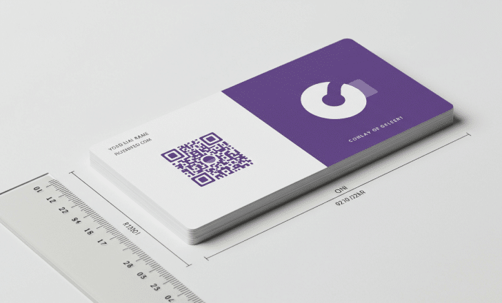 Business card showing QR code printed at minimum size with ruler for scale