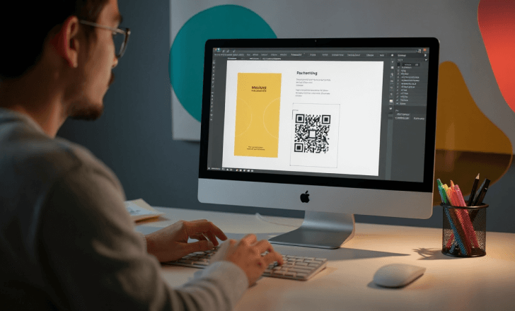 Designer checking white space around QR code on a computer screen.