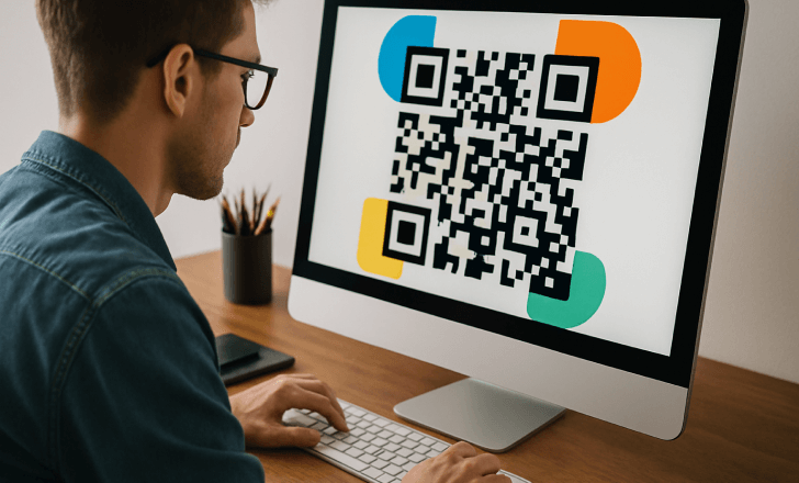 Graphic designer working on a computer, analyzing a large QR code with colorful markers on the screen.