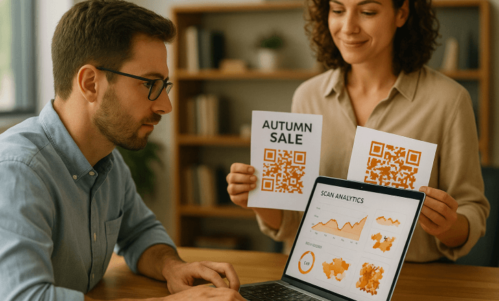 Marketers reviewing QR Code analytics and campaign flyers in an office.