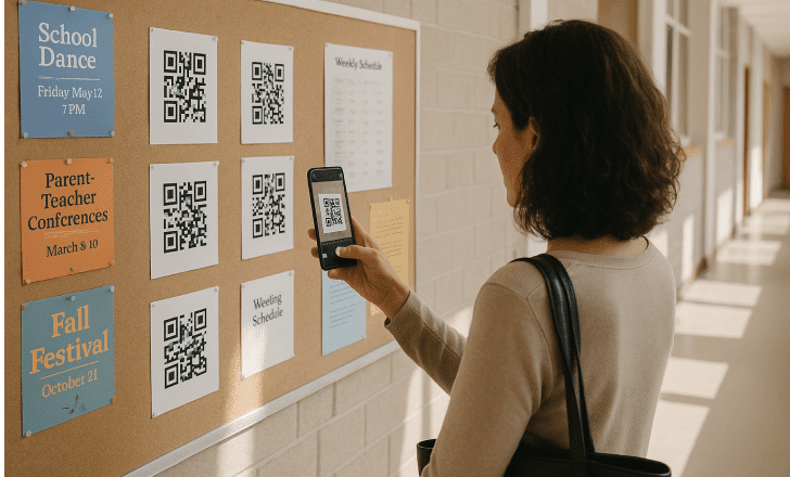 Parent scanning a QR code on a school bulletin board with event flyers