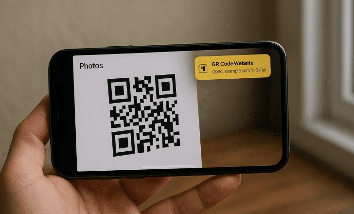 Person holding an iPhone displaying a QR code saved in the Photos app with a notification to open the link.