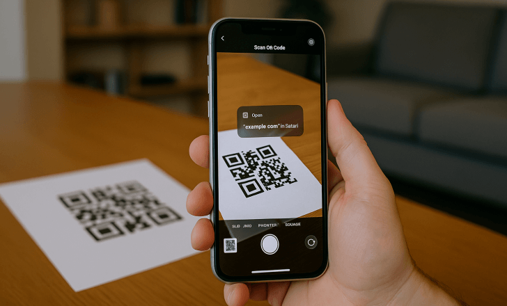 Person scanning a QR code on a printed receipt with an iPhone while sitting at a table in a cozy indoor setting.