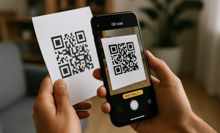 Person scanning a QR code on paper with a smartphone in a cozy indoor space.