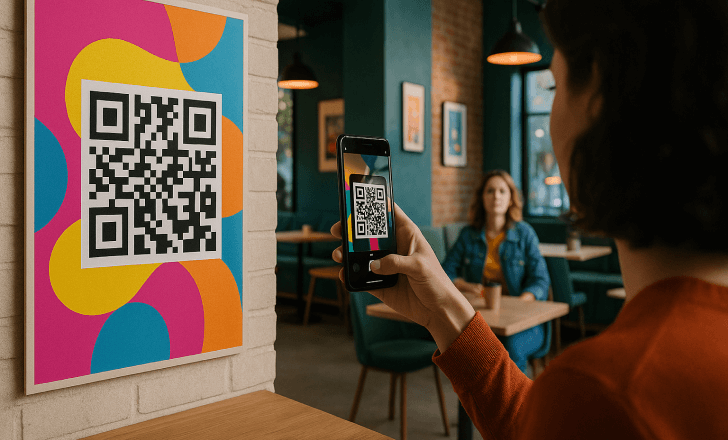 Person scanning a colorful QR code poster in a modern café, showing creative uses of alignment patterns.