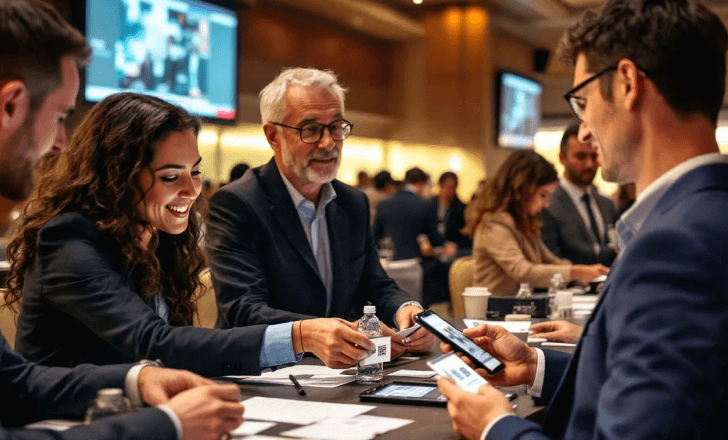 Professionals networking at a conference using QR business cards.