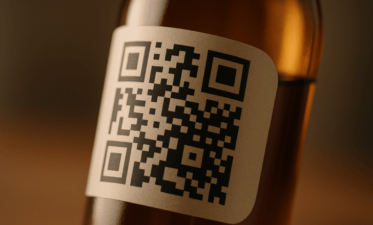 QR code printed on the curved label of an amber glass bottle, highlighting how codes adapt to surfaces.