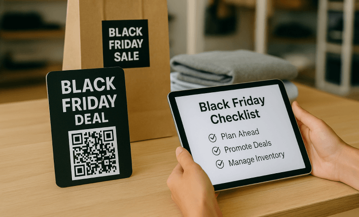 Retail display with QR code Black Friday deals and a digital checklist on a tablet.