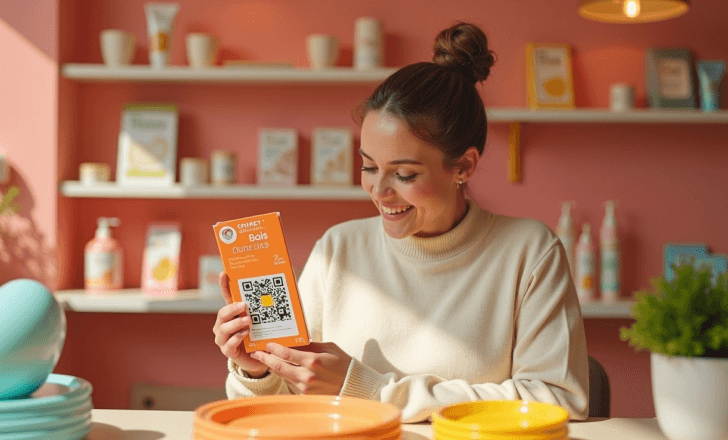 Shopper successfully scanning QR code on packaging in a store.