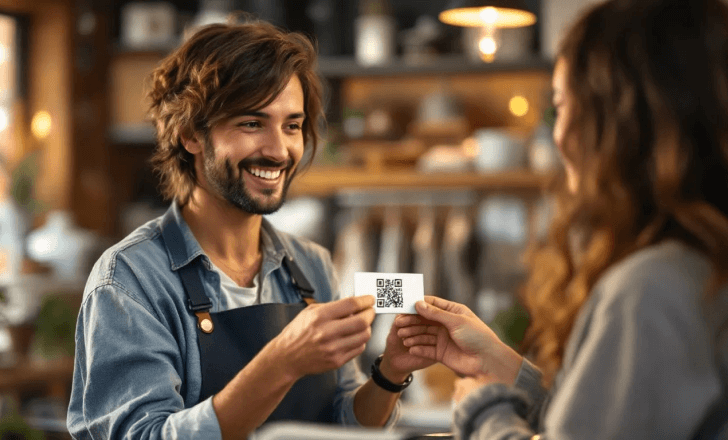 Small business owner sharing a QR business card with a customer in a shop.