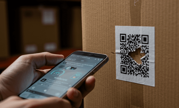 Smartphone scanning a damaged QR code with error correction working.