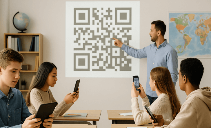 Students in a classroom scanning a QR code projected on the wall.