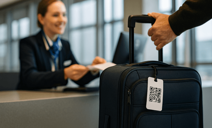 Suitcase with a QR code luggage tag at an airline check-in counter, with staff assisting in the background.