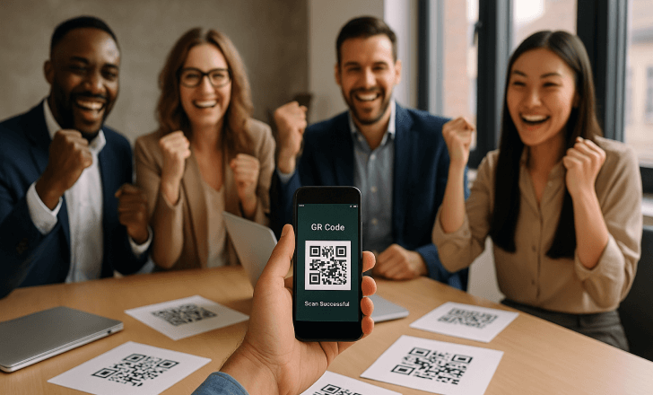 Team in a modern office celebrating after successfully scanning QR Codes, with printed QR Codes on the desk and a smartphone showing a scan result