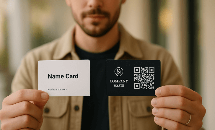 Traditional paper business card compared with a visiting card that includes a QR code.