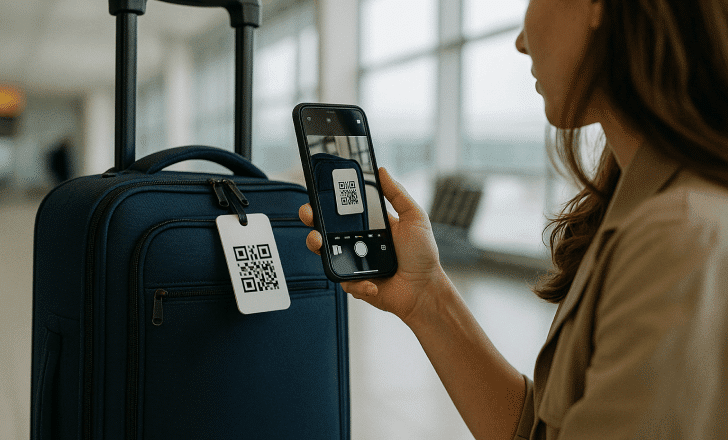 Traveler scanning a QR code luggage tag on a suitcase with her smartphone at the airport.