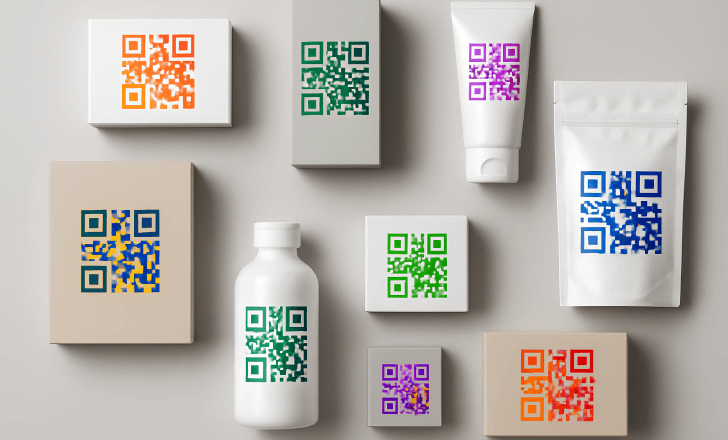 Branded packaging featuring colorful QR codes