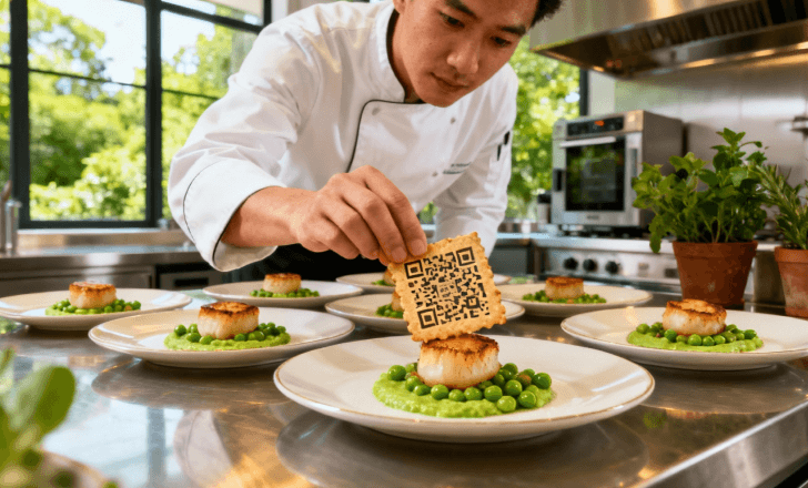 Chef using edible QR codes to reduce food packaging waste