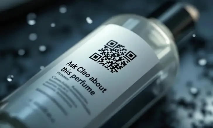Close-up of a perfume bottle with a smart QR code linked through Digital Link.