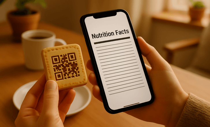 Person scanning a cookie with an edible QR code using a phone.