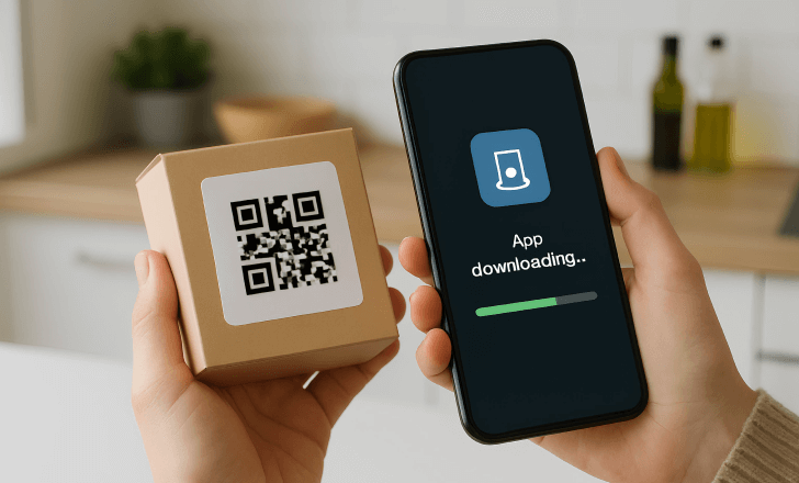 Person scanning a product QR code to open a mobile app instantly.