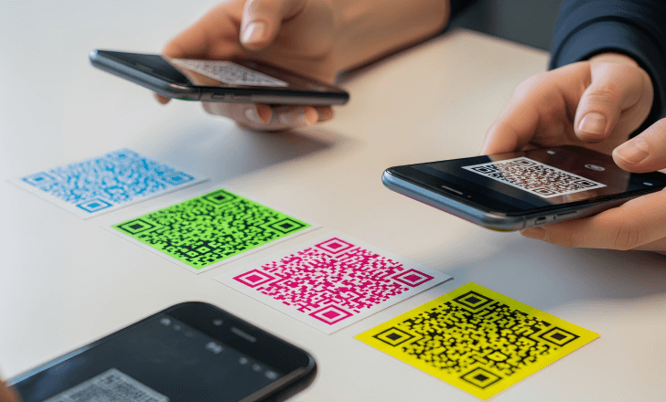 Person testing colored QR codes with multiple phones