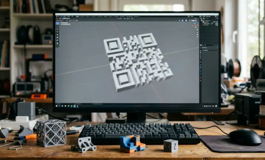 3D printable QR code: How to design, export, and print a scannable 3D tag 1 3D modeling software showing an extruded QR code pattern as 3D geometry