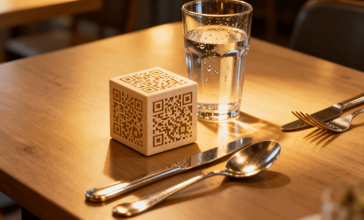 3D-printed QR-style block placed on a restaurant dining table.