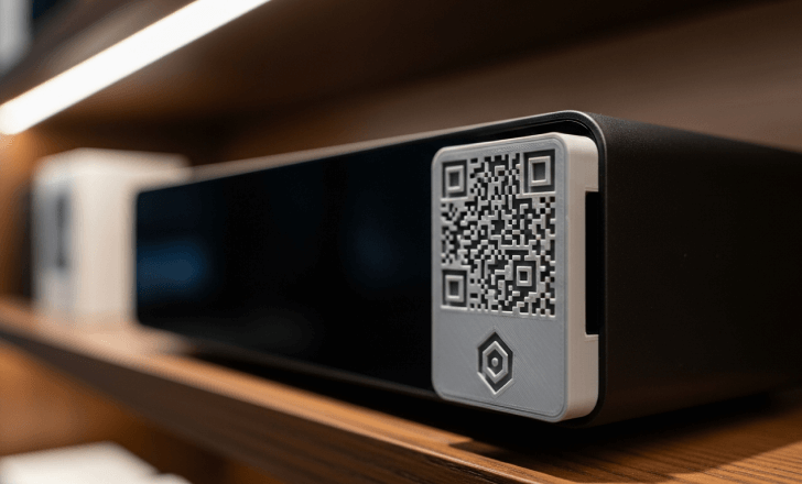 3D-printed QR-style tag attached to a product on a store shelf.