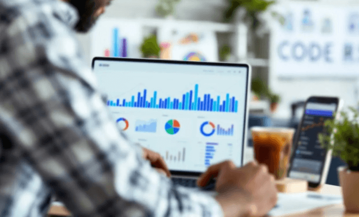 Business owner reviewing QR code analytics data on a laptop.