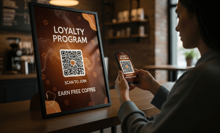 Customer scanning a generated QR code on a promotional poster.