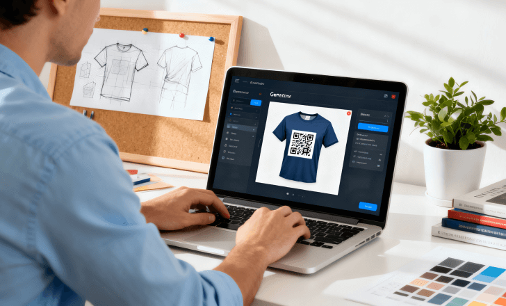 Designer creating a t shirt QR code design on a laptop.