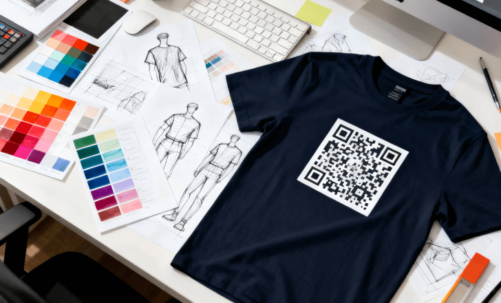Designer customizing a t shirt with a branded QR code.